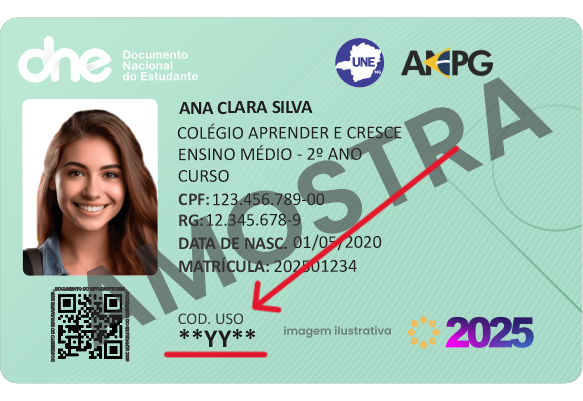 Exemplo da carteirinha UNE-MG destacando o local do código